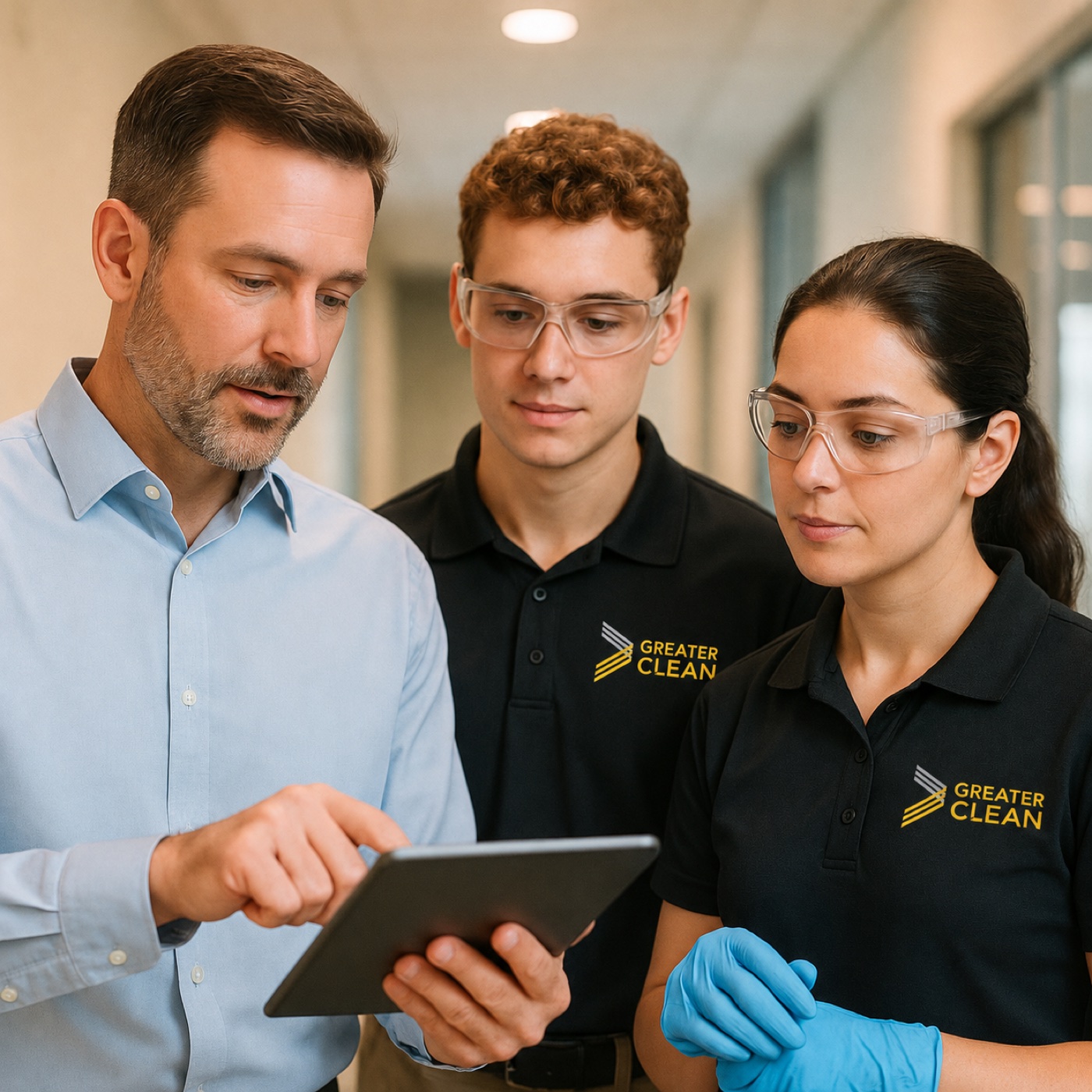 Greater Clean management briefing field technicians on a tablet inside a corporate corridor